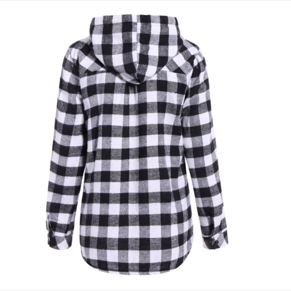 Checkered lined flannel button up hoodie - Picture 3 of 5